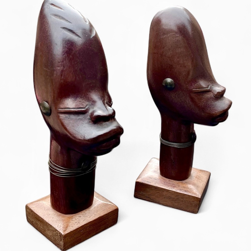 Hand Carved‎ Wooden Art Sculpture African Tribal Head Bust x2 Pair